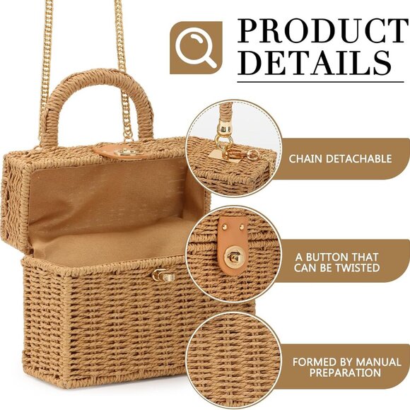 Women Straw Handwoven Tote Bag Square Boho Crossbody for Summer Beach - Picture 3 of 7